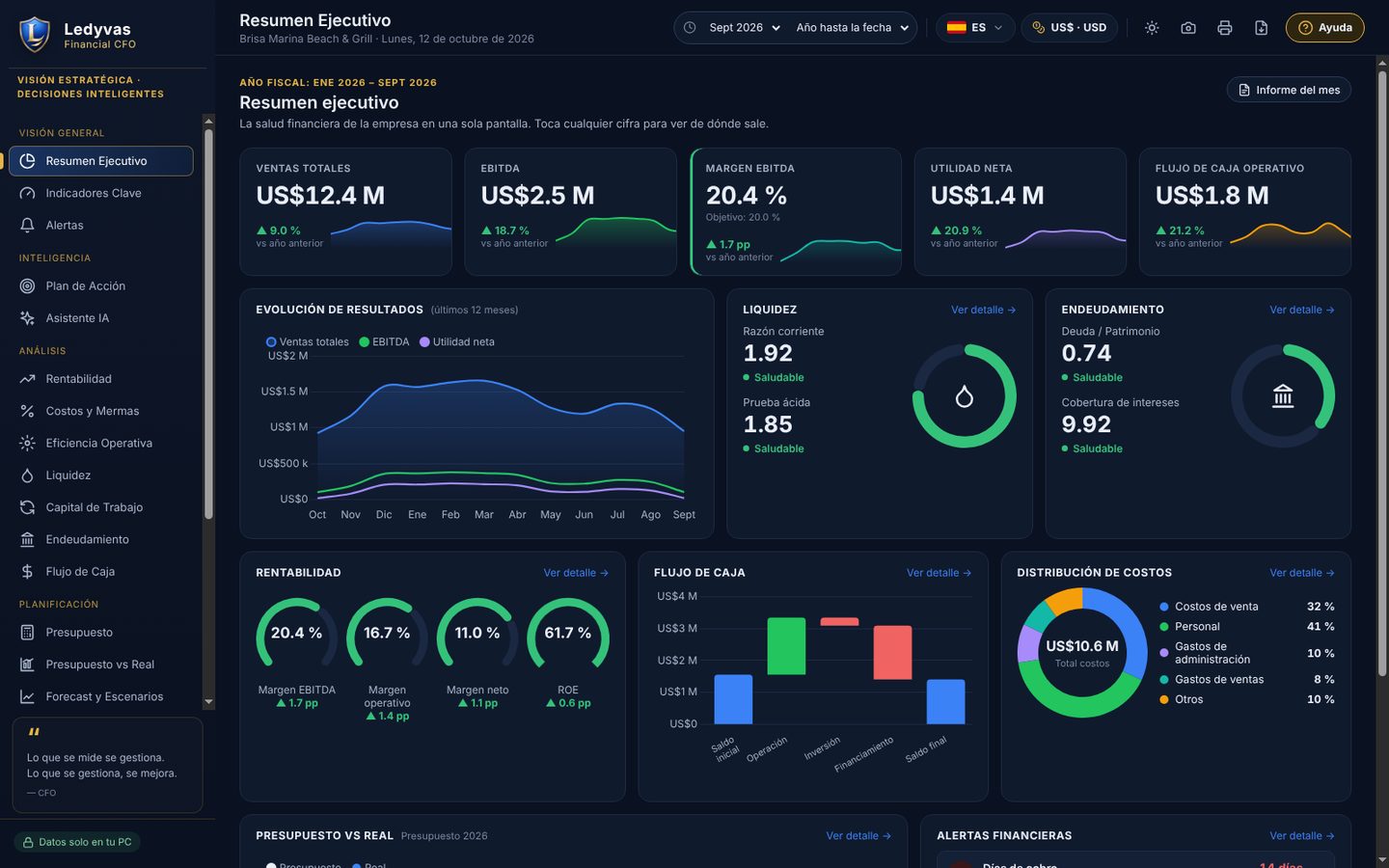 Resumen ejecutivo de Ledyvas CFO con ventas, EBITDA, margen, utilidad neta y flujo de caja